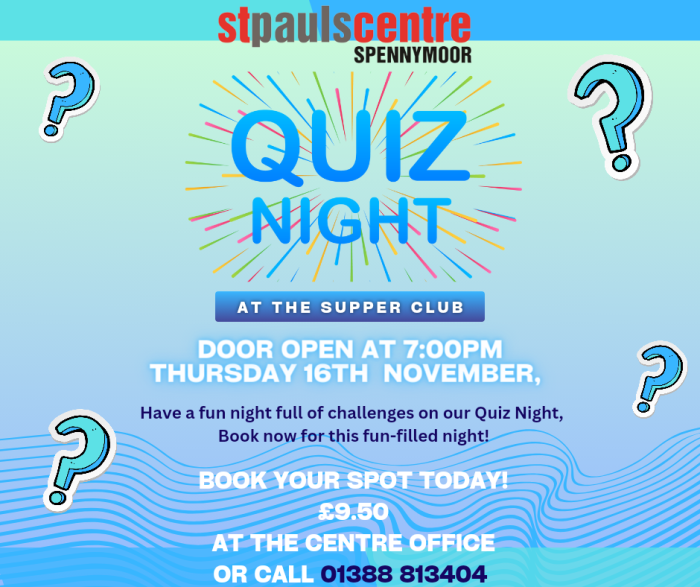 Poster advertising Quiz Night at St Pauls Centre on Thursday 16th November