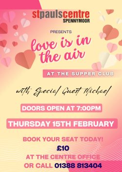 Poster advertising an evening event called "Love is in the air" on the 15th February